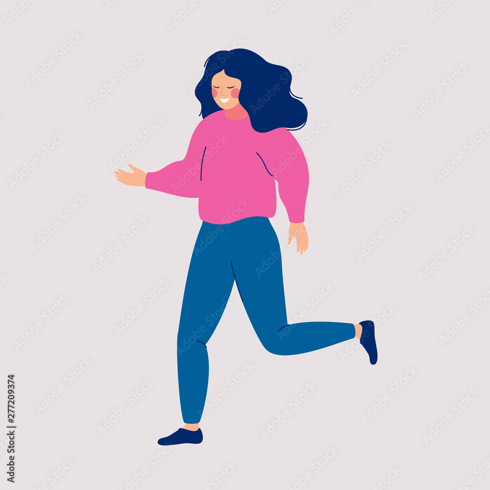 Cartoon smiling woman running. Vector illustration of a young girl with loose hair walking on a light background Cartoon smiling woman running. Vector illustration of a young girl with loose hair walking on a light background