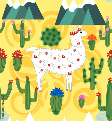 Illustration of seamless pattern with cute cartoon llama alpaca with cactus and design elements on pink background in flat cartoon style.