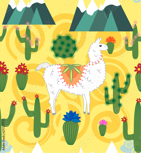 Illustration of seamless pattern with cute cartoon llama alpaca with cactus and design elements on pink background in flat cartoon style.