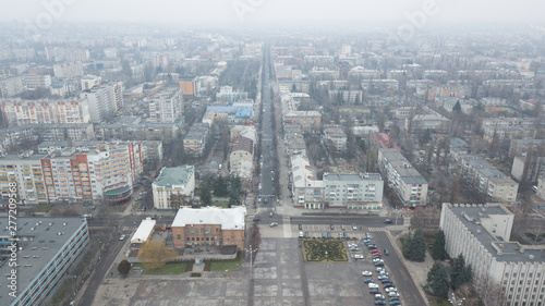  Aerial view of the poor Ukrainian city Kremenchuk. Dullness  boredom  bad hike  dirty air. Drone photography.