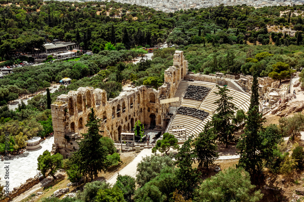 View of the Amphitheatre - the Odeon of Herodes Atticus at the Acropolis in Athens.