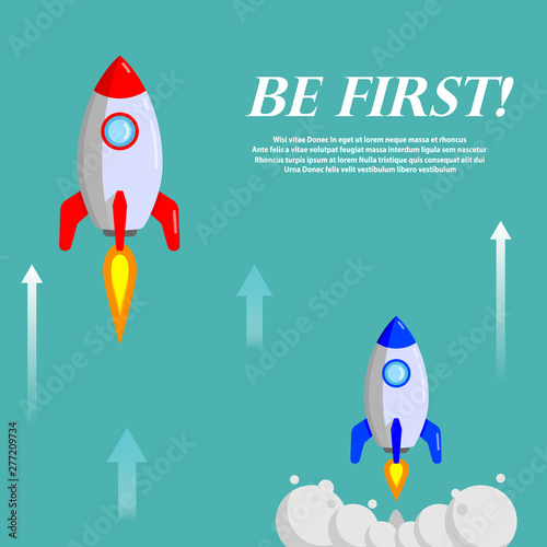 Up rocket and arrows on blue background. Be first. Business growth concept.