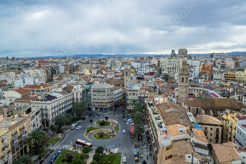 Aerial Panoramic View Of Valencia City In Spain. Beautiful historic city with beautiful architecture
