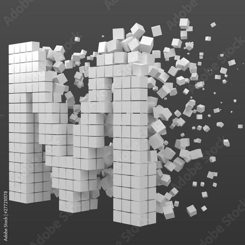 letter M shaped data block. version with white cubes. 3d pixel style vector illustration.