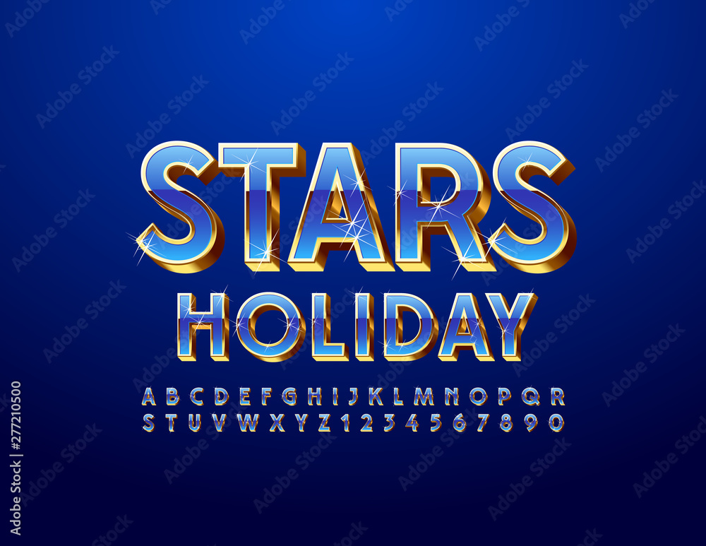 Fototapeta Vector premium logo Stars Holiday with 3D Uppercase Font. Blue and Golden sparkling Alphabet. Letters and Numbers with glitter