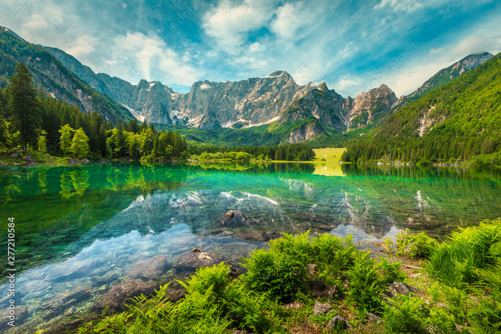 Alpine landscape with lake Fusine and Mount Mangart, Italy - obrazy, fototapety, plakaty 