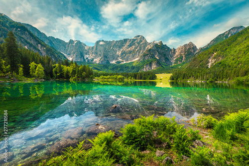 Fototapeta Naklejka Na Ścianę i Meble -  Alpine landscape with lake Fusine and Mount Mangart, Italy