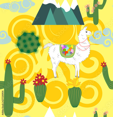 Illustration of seamless pattern with cute cartoon llama alpaca with cactus and design elements on pink background in flat cartoon style.