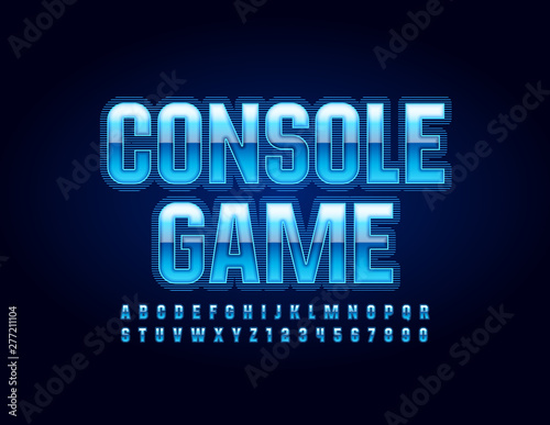 Vector blue glowing emblem Console Game with Uppercase Font. Techno shiny Alphabet Letters and Numbers
