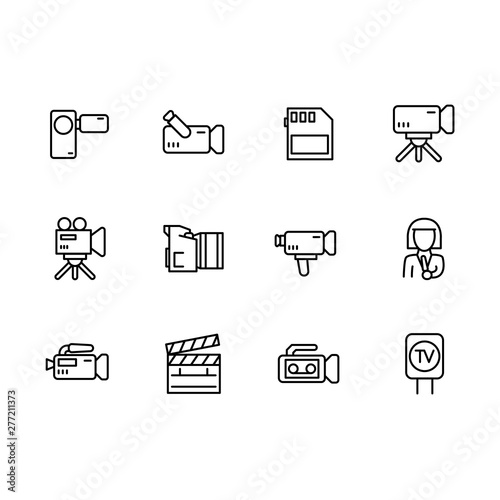 Video, television and movies shooting icon simple symbols set. Contains icon TV report, broadcasting, video camera, news, film, director, reporter, clapperboard and other.