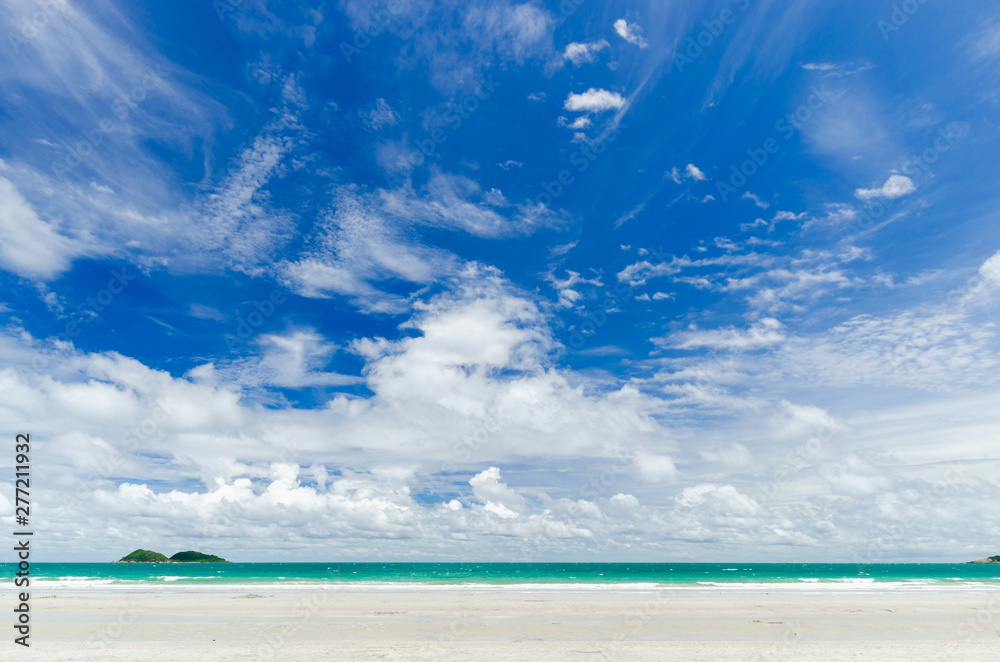 beautiful clear blue sea water on the beach paradise ocean with sky and cloud. vacation background on summer in Thailand coast.