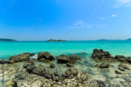 beautiful clear blue sea water on the beach paradise ocean. vacation background on summer in Thailand coast.