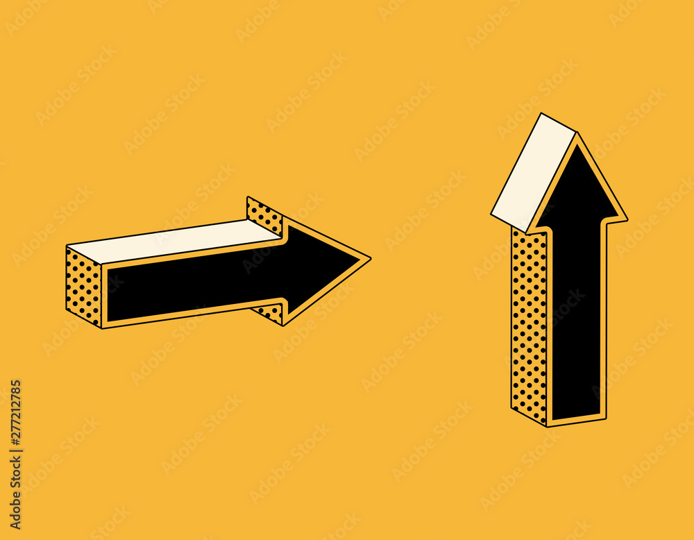 Isometric icons of arrows in retro style, direction symbols on yellow background. Isometric icons of arrows in retro style, direction symbols on yellow background.
