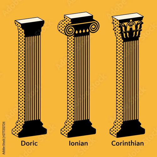 Set of isometric icons of Antique Greek columns in retro style. Types of Doric, Ionian, Corinthian vector illustration