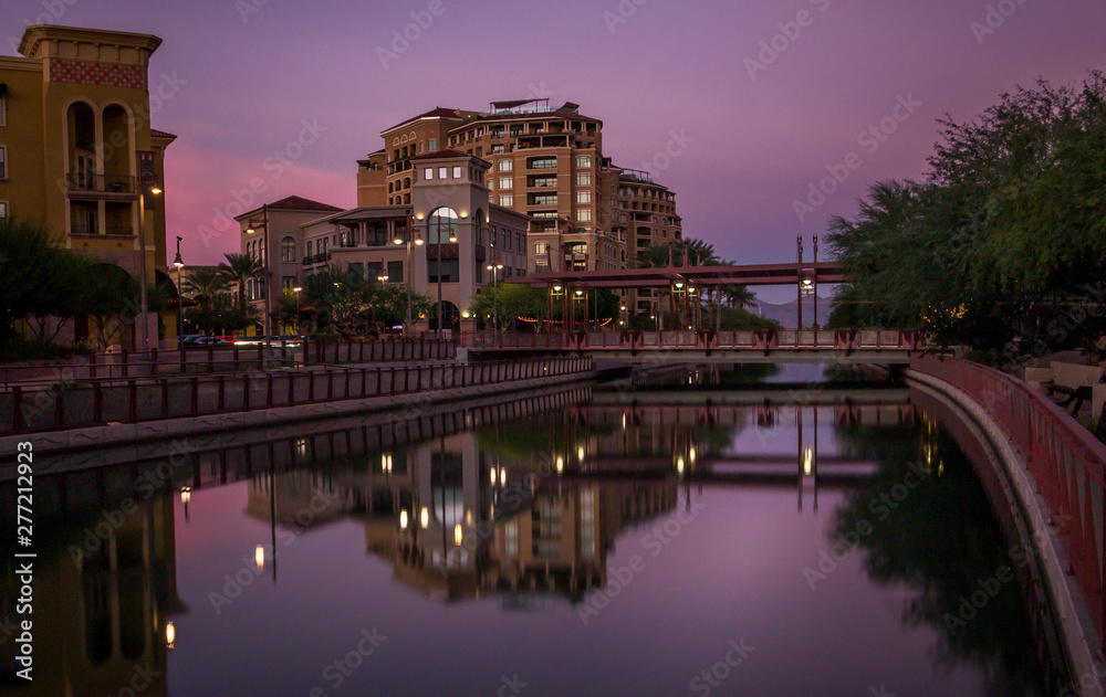 Pink sunset in Scottsdale, Arizona over the canal
