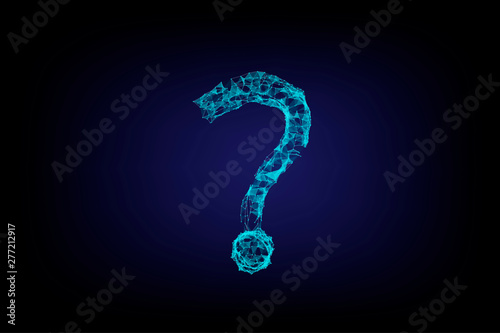 Question mark digitally drawn futuristic low poly wire frame shape point, composition and lines vector illustration on purple blue background.