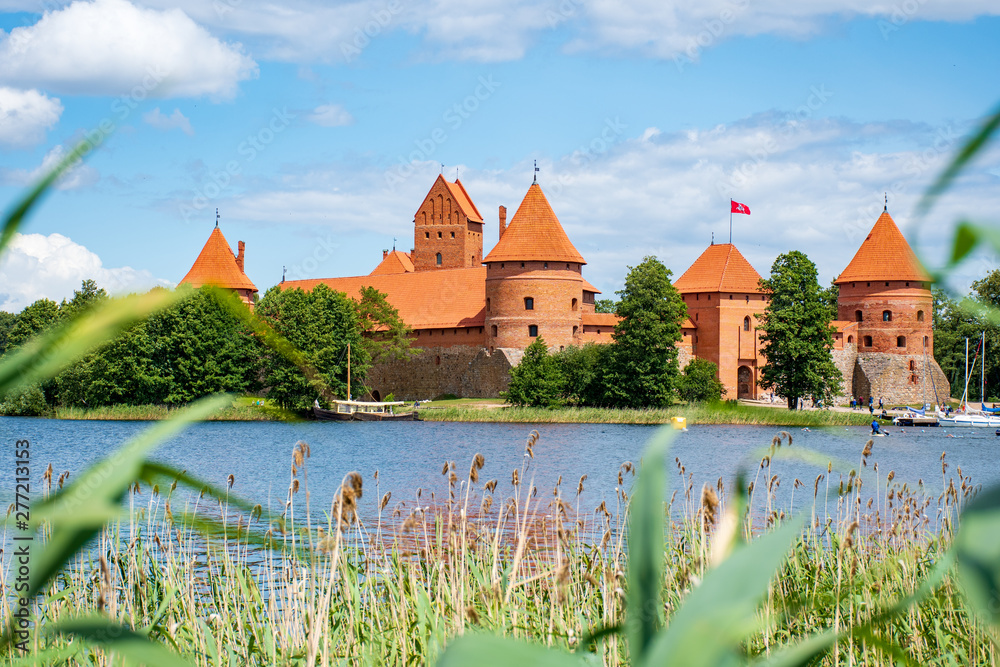 Fototapeta premium Medieval castle of Trakai, Vilnius, Lithuania, Eastern Europe, located between beautiful lakes and nature, view from reeds 