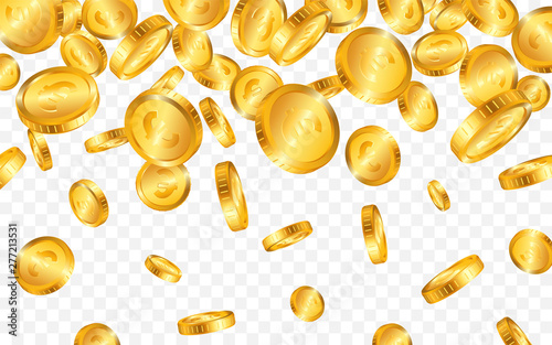 Falling from the top a lot of Euro gold coins on transparent background. Vector illustration