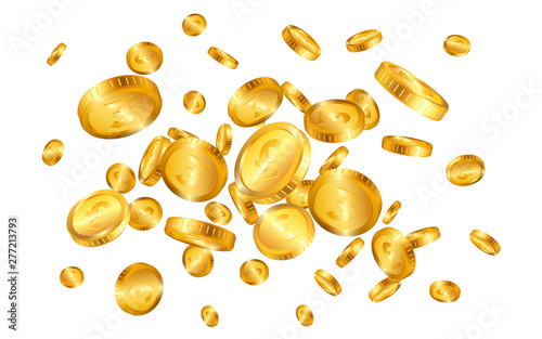 Pound gold coins explosion isolated on white background. Vector illustration