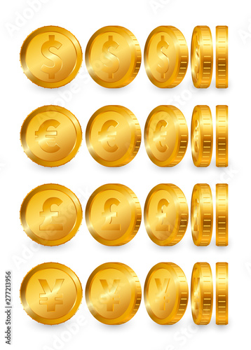 Dollar Euro Pound Yen Gold coins set isolated on white background. Vector illustration