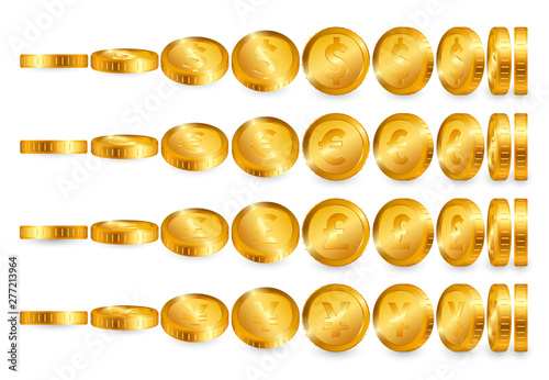 Dollar Euro Pound Yen Gold coins set isolated on white background. Vector illustration