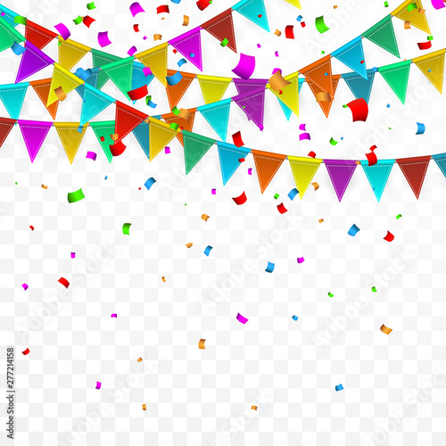Colorful confetti. Celebration carnival. Party background with flags. Luxury greeting card. Vector illustration