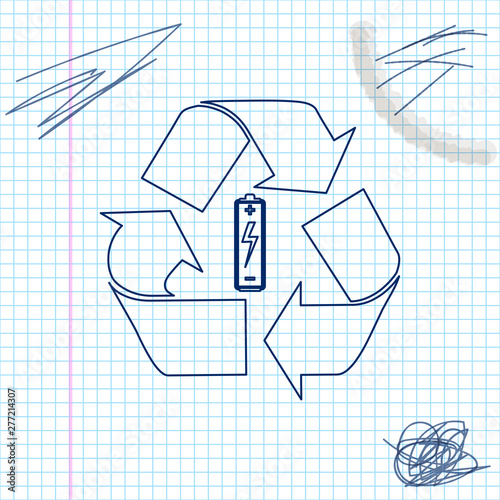 Battery with recycle symbol line sketch icon isolated on white background. Battery with recycling symbol - renewable energy concept. Vector Illustration