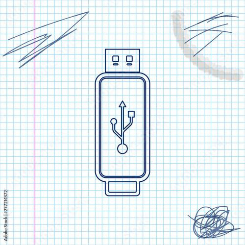 USB flash drive line sketch icon isolated on white background. Vector Illustration