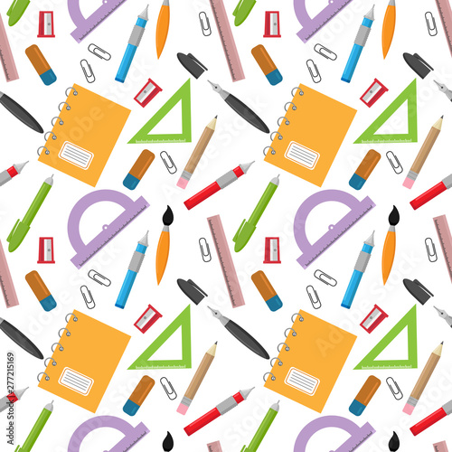 vector seamless pattern with different stationery: notebooks, pens, pencils, rulers, erazers, sharpeners and clips