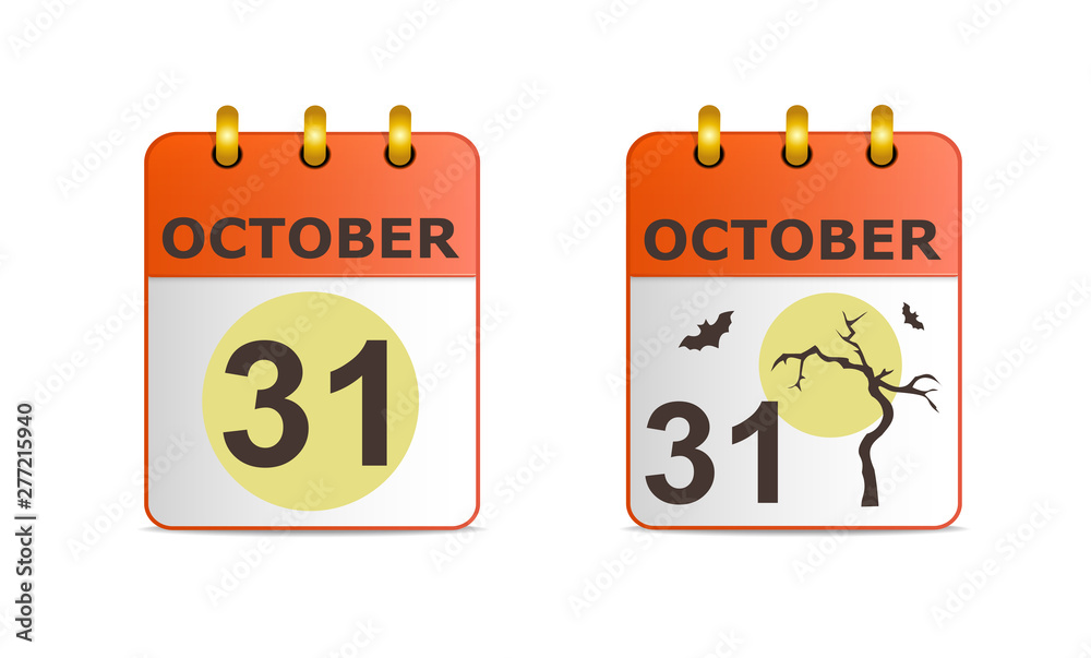 Halloween on icons of calendar in different versions. Date on calendar sheet October 31. Dry tree against yellow moon. Stylish, succinct vector illustration. Horizontal location. Stock Vector | Adobe Stock