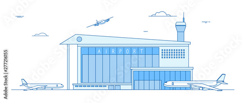 Airport buildings. Landing airplanes international terminal building aircraft runway business cargo transportation line vector concept. Building airport, plane departure and arrive illustration