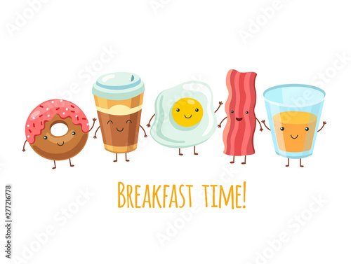 Happy breakfast characters. Egg sandwich coffee. Breakfast meal fried bacon. Cartoon funny food friends vector set. Breakfast food, bacon and coffee, fresh coffee illustration