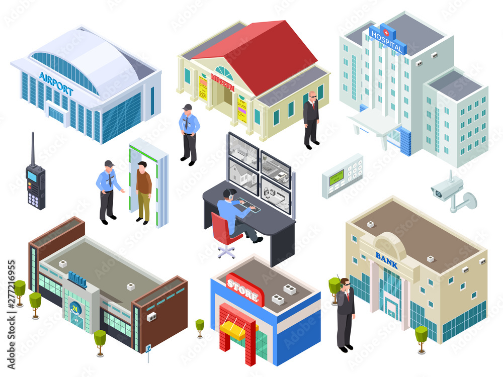 Security system for various public buildings isometric vector collection. Illustration of building isometric, bank and mall, outdoor control - obrazy, fototapety, plakaty 