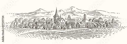 European village landscape illustration. Isolated, vector. 