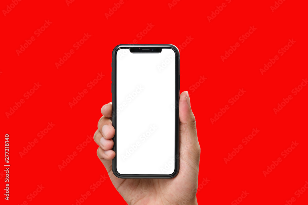 Hand holding the black smartphone with blank screen and modern frame less  design on red colour background Stock Photo | Adobe Stock
