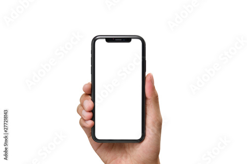 Hand holding the black smartphone with blank screen and modern frame less design isolated on white background