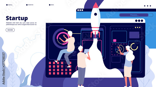 Startup landing. People successful launch spaceship rocket, start new business innovative project. Startup app vector concept. Illustration startup business, launch spaceship, teamwork project webpage