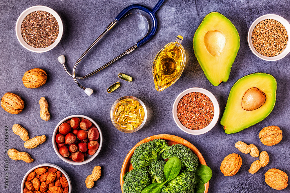 Vegan sources of omega 3 and unsaturated fats. Stock Photo Adobe Stock