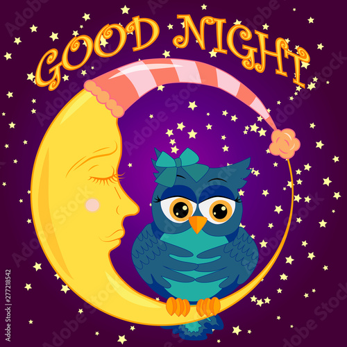 A sweet fairy-tale pink owl in a hat for dream dreams, sings a lullaby, lulls the sky, the moon and stars sitting on a sleeping sickle of the moon among a dark night sky and stars