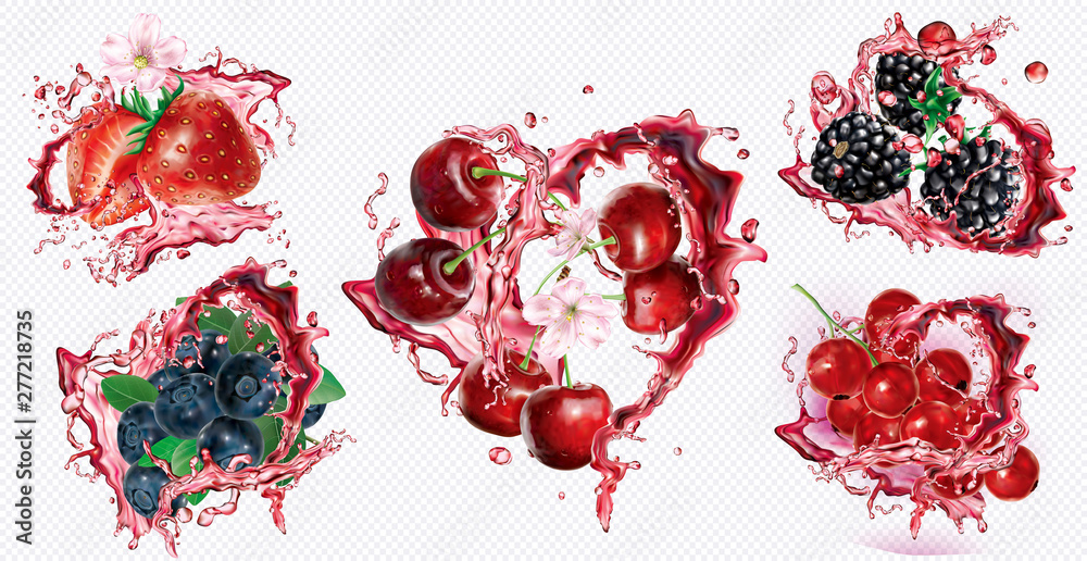 Naklejka Berries in splashes and spray of juice on transparent background