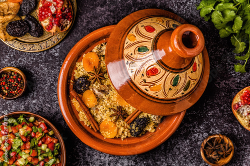 Traditional moroccan tajine of chicken with dried fruits and spices.
