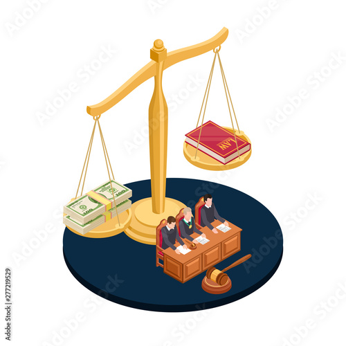 Money or law vector illustration. Corrupt practices isometric concept. Corruption or law, banknote money and book