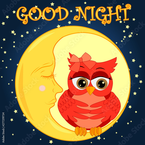 A sweet fairy-tale pink owl in a hat for dream dreams, sings a lullaby, lulls the sky, the moon and stars sitting on a sleeping sickle of the moon among a dark night sky and stars