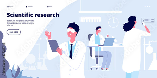 Scientific research landing. Students in white coat, chemical researchers doctors with lab equipment. Molecular engineer vector page. Laboratory scientist research experiment illustration