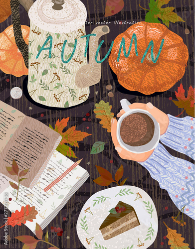 Cozy autumn background. Cute vector illustration of a table with objects: a cup of coffee, a notes with a pencil, a teapot, a pumpkin, a dessert and leaves. Top view of hands with cocoa. 
