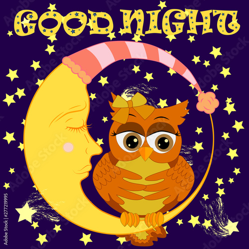 A sweet fairy-tale pink owl in a hat for dream dreams, sings a lullaby, lulls the sky, the moon and stars sitting on a sleeping sickle of the moon among a dark night sky and stars