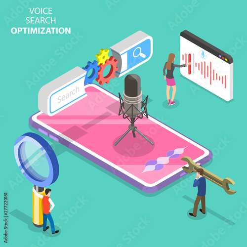Isometric flat vector concept of voice search optimization, voice commands, SEO, keyword research.