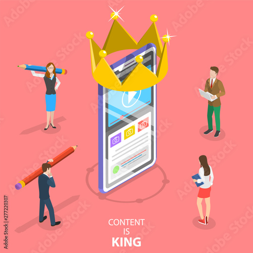 Isometric flat vector concept of content is king, copywriter, engaging content creating, blog writing.