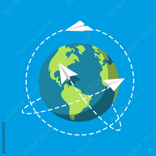 Paper planes flight around the planet. Vector. Flat design.
