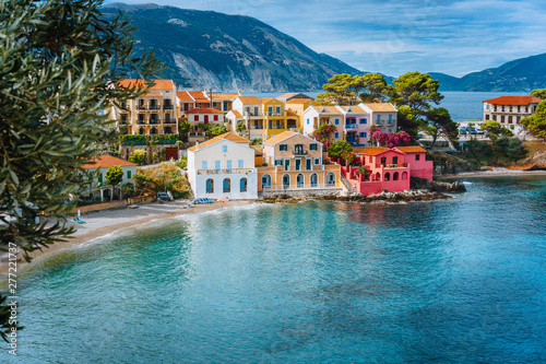Summer vacation in Greece, picturesque colorful village Assos in Kefalonia